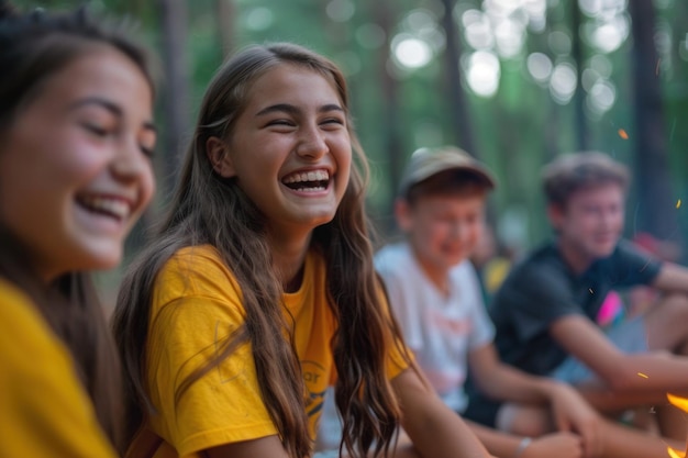 Jovens adolescentes ativos perto da fogueira do acampamento de verão