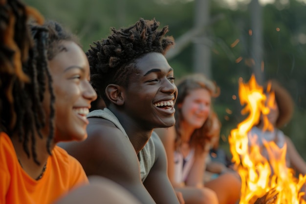 Jovens adolescentes ativos perto da fogueira do acampamento de verão