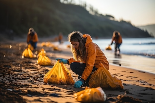 Jovens adolescentes da nova geração estão recolhendo resíduos plásticos na praia para eliminar a poluição plástica