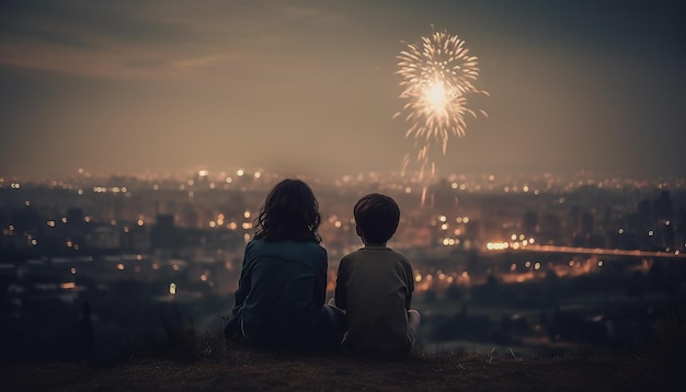 Jovens adultos acendem fogos de artifício celebrando a vida da cidade gerada pela IA