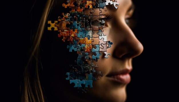 Jovens adultos conectam peças de quebra-cabeças para uma solução abstrata de estratégia de negócios gerada por IA