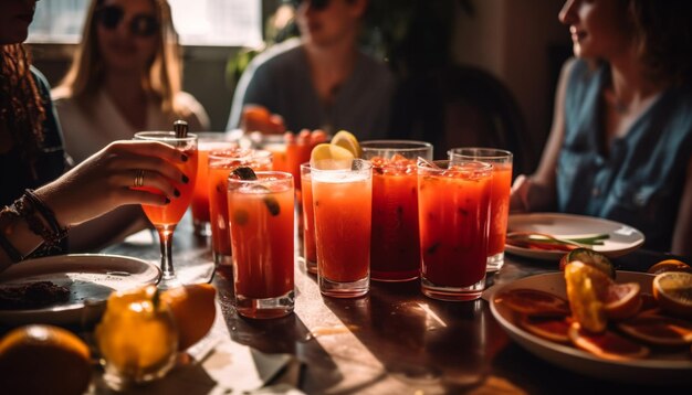 Foto jovens adultos desfrutando de bebidas e amizade em um bar animado gerado por inteligência artificial