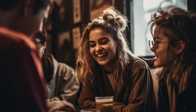 Foto jovens adultos desfrutando de café e risadas em uma cafeteria da cidade gerada por ia