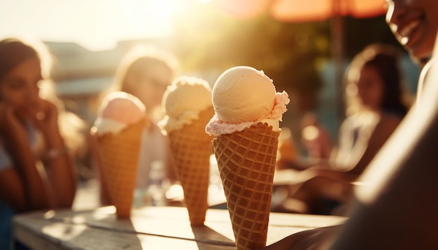 Jovens adultos desfrutando de cones de sorvete refrescantes no sol de verão gerados pela IA