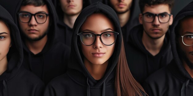 Jovens adultos elegantes com óculos e capuzes pretos em grupo