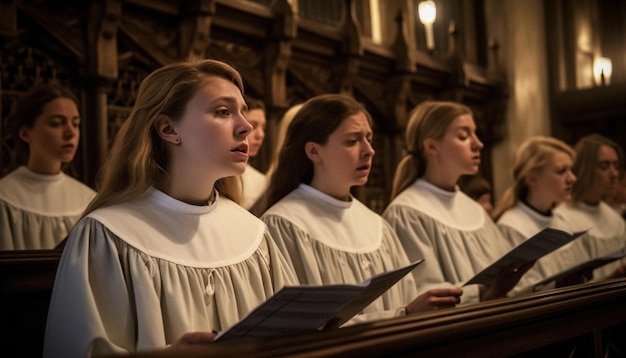 Jovens adultos estudando religião dentro de casa segurando livros seguidos gerados por ia