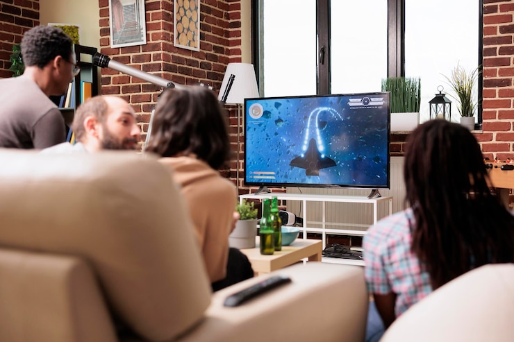 Foto jovens adultos na sala de estar sentados no sofá enquanto jogam videogame espacial no console moderno. pessoas sentadas em casa enquanto desfrutam de atividades de lazer divertidas com dispositivo de entretenimento eletrônico.