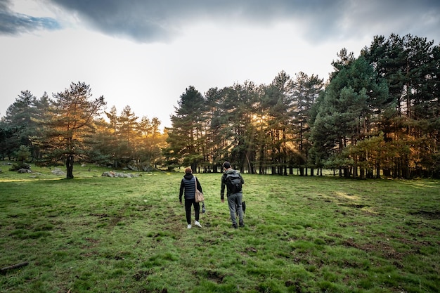 Jovens adultos passeiam por um grande prado verde no outono