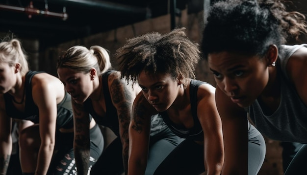 Jovens adultos se exercitando em roupas esportivas praticando treinamento esportivo com determinação gerada por inteligência artificial