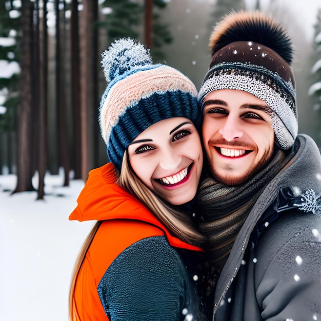 Jovens adultos sorridente abraçar no país das maravilhas do inverno