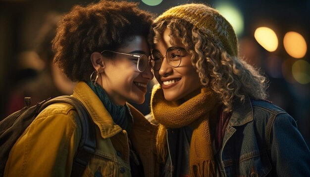 Foto jovens adultos sorrindo aproveitando a noite de inverno caminhando juntos na cidade gerada por ia