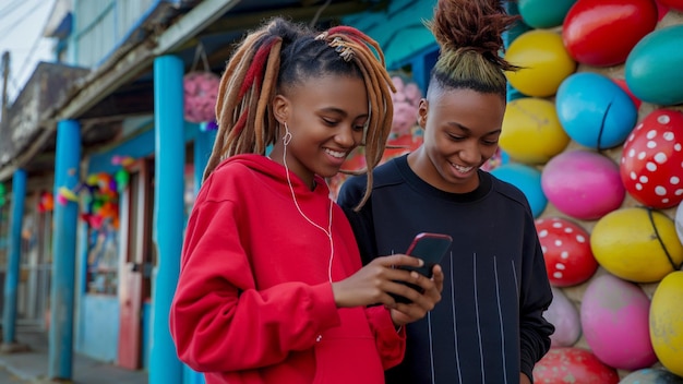 Jovens adultos sul-africanos sorrindo em telefone tema de ovo de Páscoa e felizes fones de ouvido com capuz vermelho