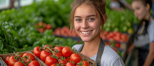 Jovens agricultoras transportando tomates em caixas na estufa