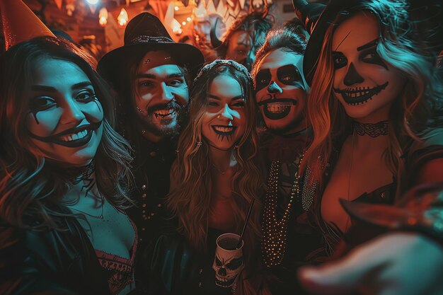 Jovens alegres disfarçados de bruxas loucas, demónios, vampiros a divertir-se numa festa de Halloween.