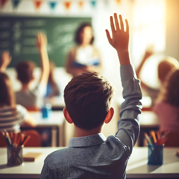 Jovens alunos levantando as mãos na sala de aula com o professor na frente da classe