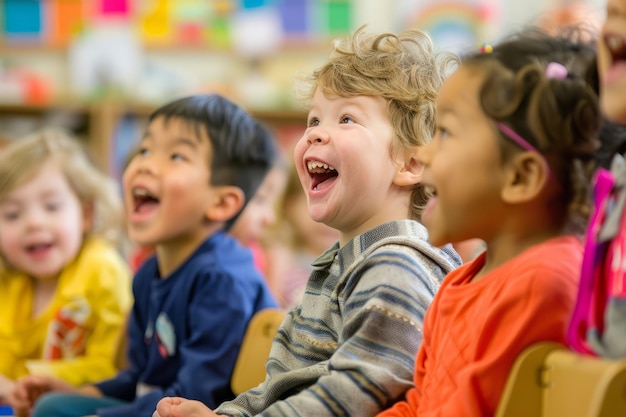 Jovens alunos praticando com entusiasmo os sons das vogais em voz alta na aula, fomentando as habilidades de alfabetização precoce e a consciência fonética