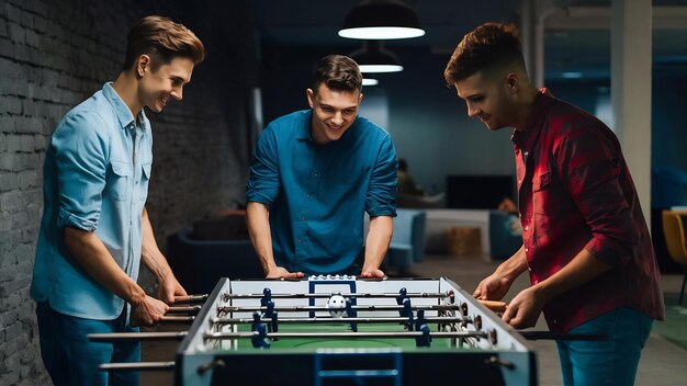 Jovens amigos a jogar futebol de mesa.