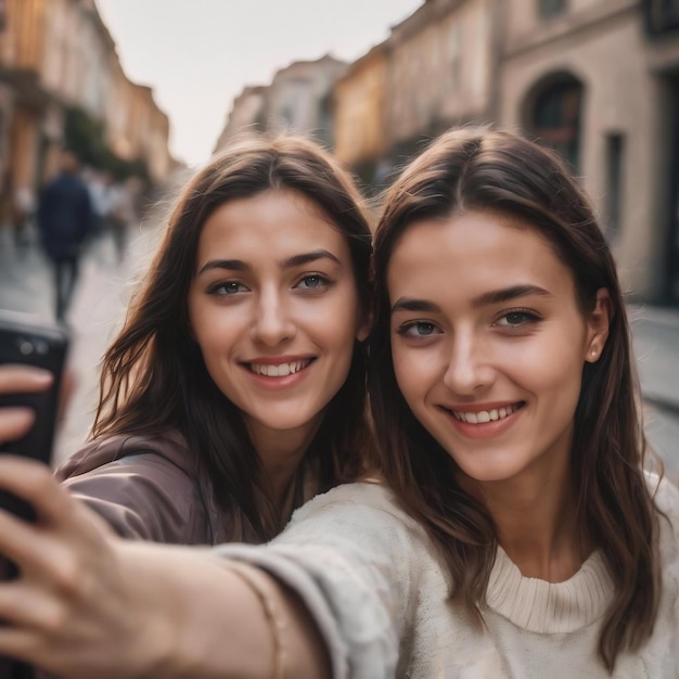 Jovens amigos a tirar selfie na rua.