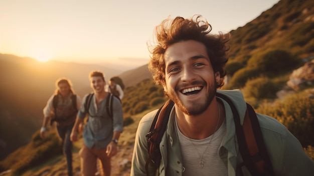 Jovens amigos alegres caminhando nas montanhas de verão à luz do dia viajando para um estilo de vida saudável