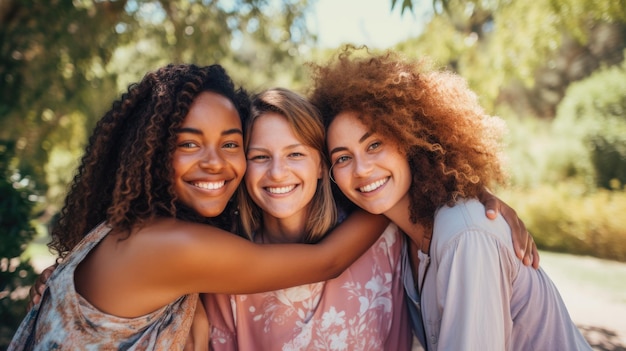 Foto jovens amigos de diferentes origens se divertindo ao ar livre no parque