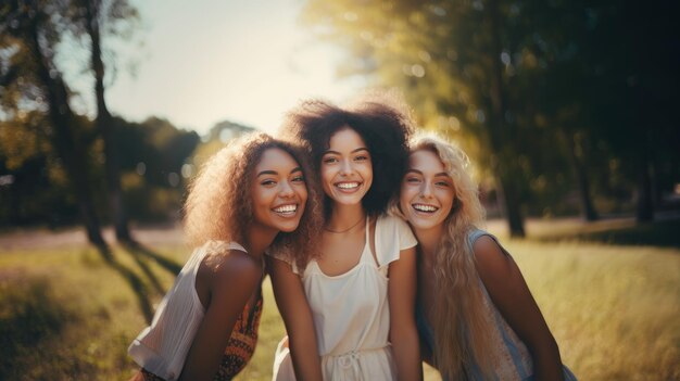 Foto jovens amigos de diferentes origens se divertindo ao ar livre no parque