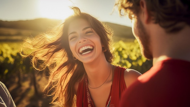 Foto jovens amigos felizes bebendo vinho fora em um piquenique de vinha localizado em napa valley, califórnia