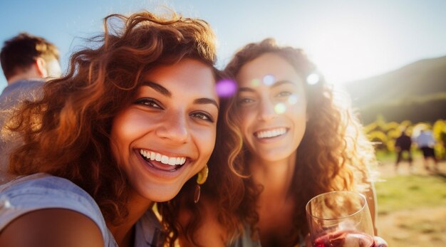 Foto jovens amigos felizes bebendo vinho fora em um piquenique de vinha localizado em napa valley, califórnia