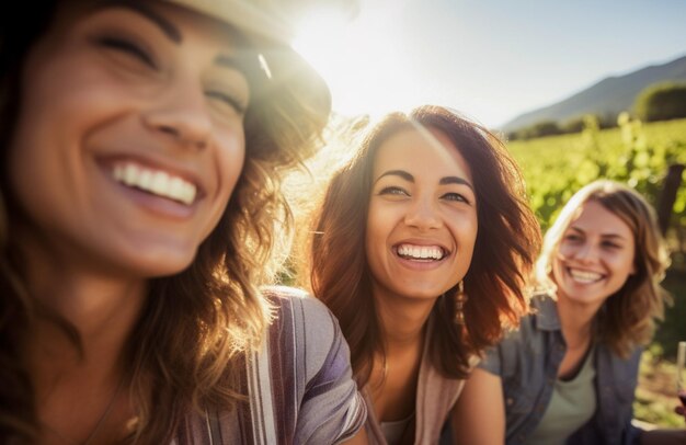 Foto jovens amigos felizes bebendo vinho fora em um piquenique de vinha localizado em napa valley, califórnia