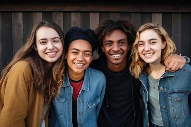 Jovens amigos multiétnicos a sorrir para a câmara