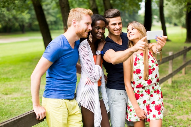 Jovens amigos multirraciais, tendo selfie no parque