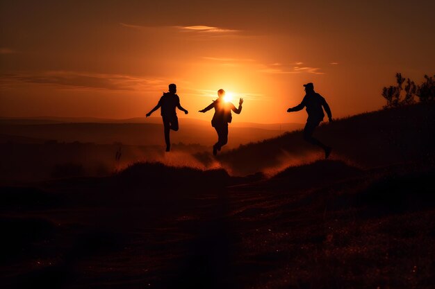 Foto jovens amigos pulando alegremente contra o pano de fundo do pôr do sol rede neural gerada por ia