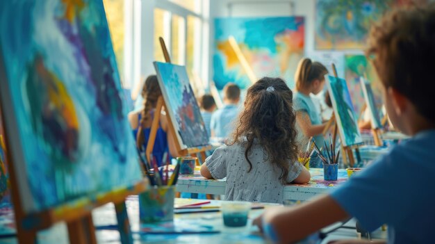 Jovens artistas pintando em aula de arte