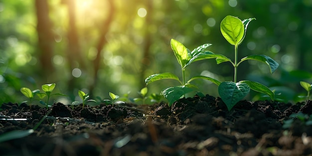 Jovens árvores que brotam do solo promovendo a conservação ambiental e o conceito do Dia da Terra Conservação da Natureza Dia da Terra Plantação de árvores Consciência ambiental