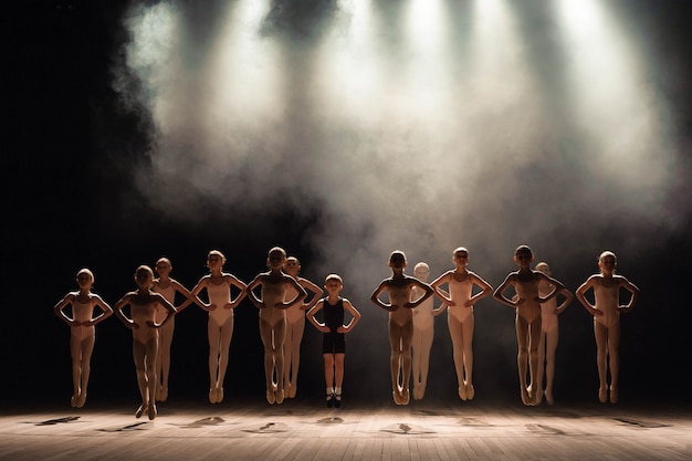 Jovens bailarinas ensaiando na aula de balé. Eles realizam diferentes exercícios coreográficos e ficam em diferentes posições.