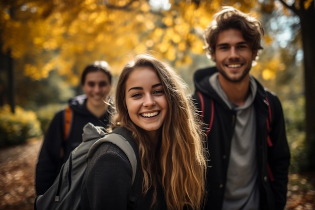 Jovens caminhando juntos no parque IA generativa