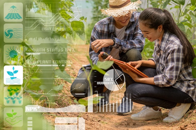 Foto jovens casais cultivando jardinagem, verificando a qualidade juntos na estufa do jardim de feijões longos