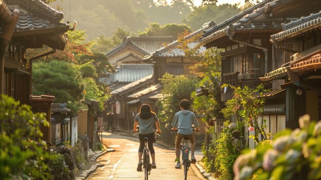 Foto jovens casais viajam de bicicleta para visitar a cidade antiga com o sol brilhando brilhantemente