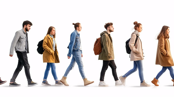 Foto jovens casuais caminhando em diferentes direções mostrando movimentos diversos e dinâmicos