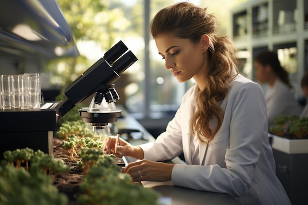 Jovens cientistas conduzindo investigações de pesquisa em um laboratório médico um pesquisador em primeiro plano está usando um microscópio gerado com IA