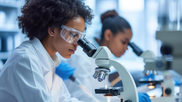 Foto jovens cientistas conduzindo investigações de pesquisa em um laboratório médico um pesquisador em primeiro plano está usando um microscópio