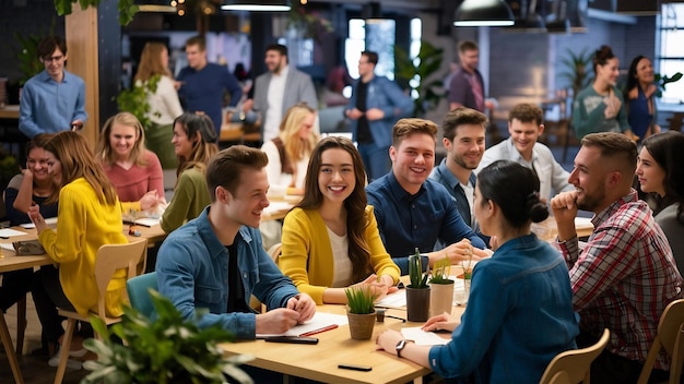 Jovens colegas sorridente sentados no escritório de coworking