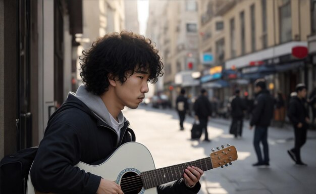 Foto jovens com suas guitarras fazem música e entretêm nas ruas da cidade