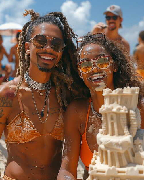 Foto jovens construindo castelos de areia juntos