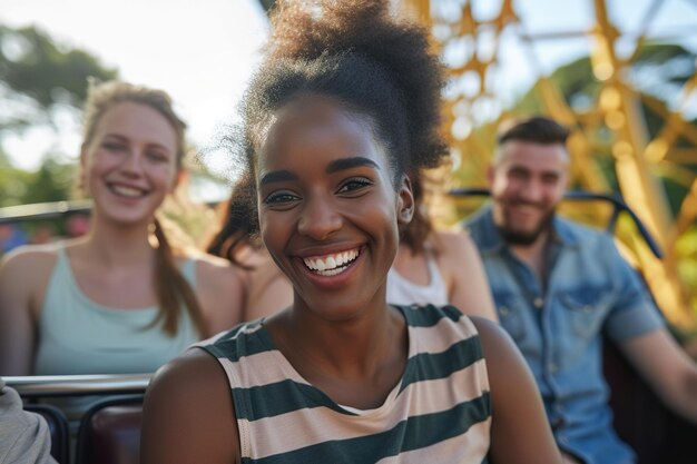 Jovens de raça mista sorridente a andar numa montanha russa