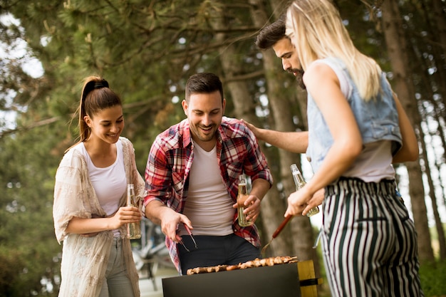 Jovens, desfrutando, churrasco, partido, natureza