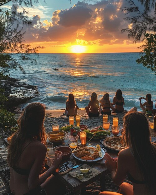 Foto jovens desfrutando de um piquenique ao pôr-do-sol