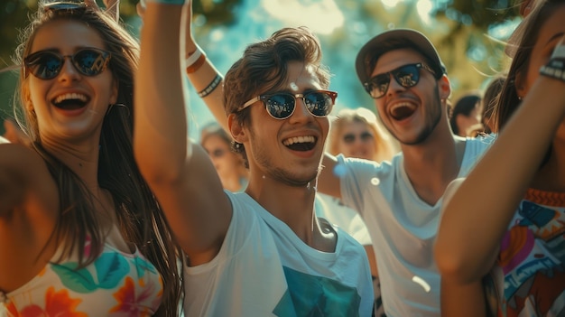 Foto jovens diversos dançando e bebendo em um festival de verão, amigos felizes criando memórias duradouras em uma atmosfera cheia de positividade.