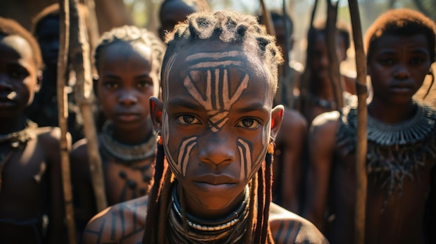 Foto jovens e crianças de uma tribo africana completa com tatuagens culturais cosméticos e armas de lança de madeira de pedra grupos étnicos na áfrica