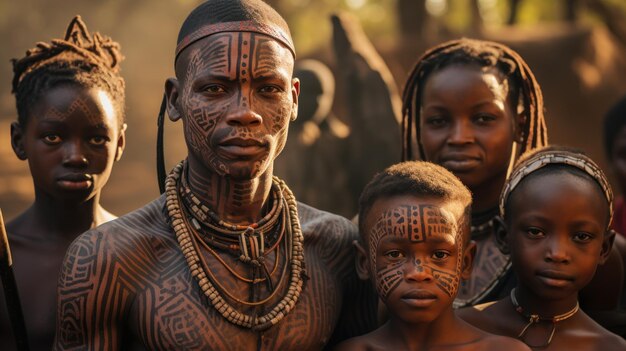 Foto jovens e crianças de uma tribo africana completa com tatuagens culturais cosméticos e armas de lança de madeira de pedra grupos étnicos na áfrica