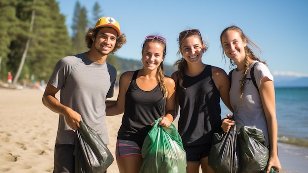 Jovens e meninas a reciclar a limpeza da praia a ajudar a comunidade local com viagens sustentáveis